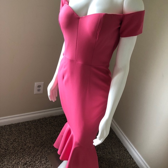 Abyss By Abby Pink Mirna Gown Prom Dress Off Shoulder Dress MIDI Ruffle Bottom - Picture 5 of 12